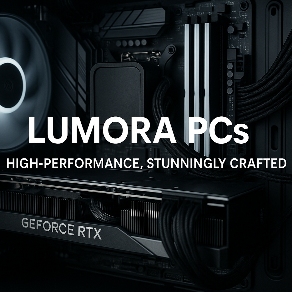 Computer hardware with LUMORA PCs branding and GeForce RTX graphics card.